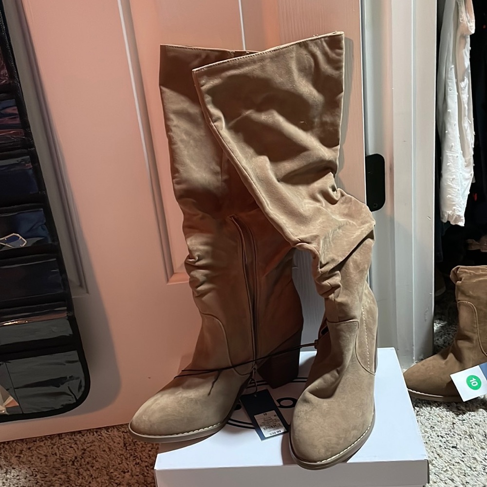 Tall Taupe color suede boots. Zipper at the ankle. Brand New with tags. Size 10